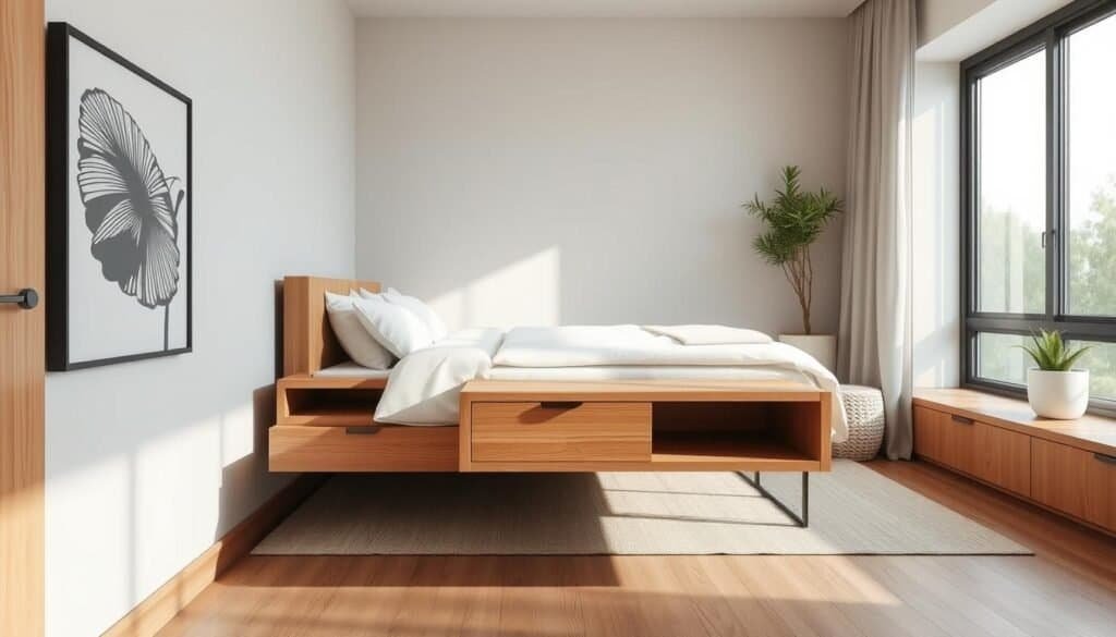 A cozy bedroom interior with a floating nightstand in the foreground, its minimalist design showcasing warm wood tones and clean lines. The nightstand appears to be securely mounted on the wall, freeing up valuable floor space. In the background, a large window allows natural light to flood the room, casting a soft glow on the surrounding decor. The overall atmosphere is one of tranquility and effortless sophistication, highlighting the benefits of this space-saving furniture solution.