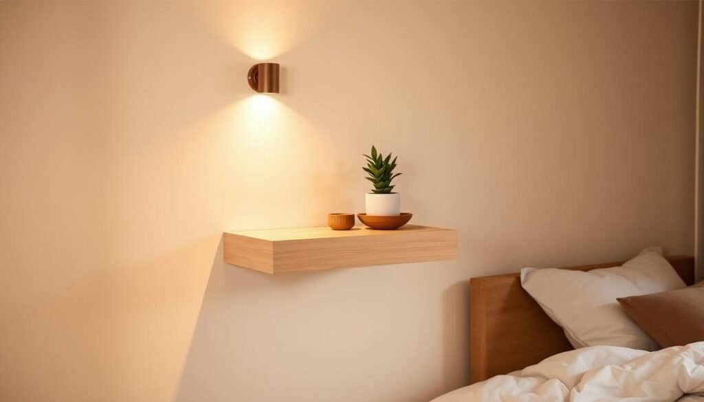 A cozy bedroom interior with a minimalist floating nightstand made of light-colored wood, suspended elegantly on the wall. The nightstand features a clean, streamlined design with subtle texturing and a smooth, matte finish. Warm, ambient lighting from a small wall sconce illuminates the nightstand, casting a soft, flattering glow. The nightstand is styled with a single potted plant, a simple lamp, and a small, decorative bowl, creating a visually balanced and harmonious composition. The overall atmosphere is serene, calming, and inviting, reflecting the article's focus on stylish solutions for small spaces.