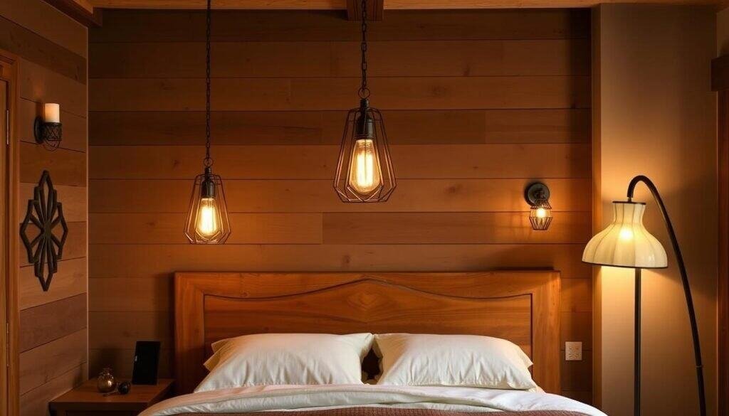 A cozy bedroom sanctuary illuminated by artfully crafted lighting fixtures from The Sawdust Man. Warm, natural wood tones and intricate metalwork cast a soft, ambient glow, creating an inviting atmosphere. Delicate pendant lights hang gracefully, their shapes inspired by organic forms. Sconces with intricate geometric patterns flank a wooden headboard, their gentle light reflecting off the smooth, polished surfaces. In the corner, a floor lamp with a handblown glass shade casts a warm, diffused light, complementing the overall rustic yet refined aesthetic. Careful attention to detail and expert craftsmanship elevate this space, transforming it into a tranquil, personalized retreat.