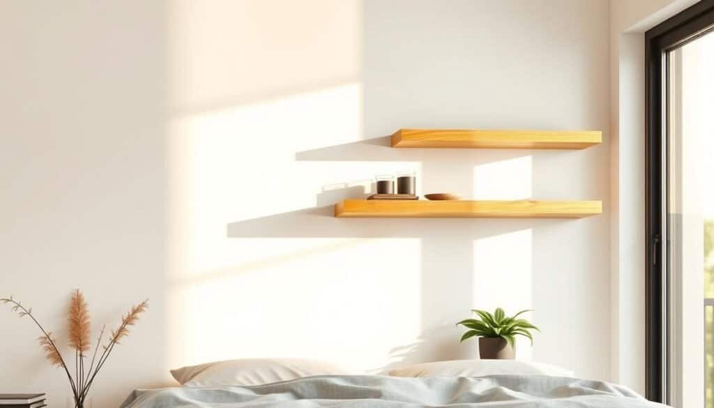 A cozy bedroom scene with a pair of floating wooden shelves mounted on a light-colored wall. The shelves are made of smooth, warm-toned wood planks, casting gentle shadows on the wall behind them. In the foreground, a small potted plant and a few decorative trinkets sit atop the shelves, adding a touch of natural charm. The lighting is soft and indirect, creating a serene, inviting atmosphere. The rest of the room is minimalist, allowing the floating shelves to be the focal point. A large window in the background fills the space with natural light, lending an airy, tranquil feel to the overall composition.