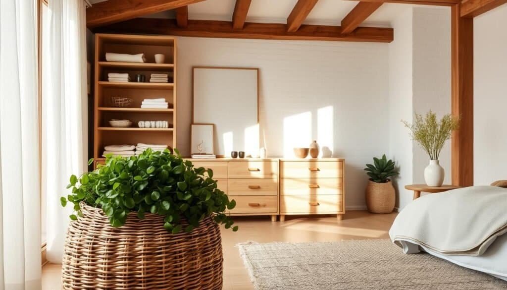 A cozy bedroom with a natural wood dresser, its drawers and shelves elegantly displaying decorative objects and folded textiles. Soft lighting filters through sheer curtains, casting a warm, calming glow. In the foreground, a woven basket overflows with fresh greenery, while a wooden side table holds a potted plant. The mid-ground features a plush area rug and minimalist décor, creating a serene, uncluttered ambiance. The background showcases natural textures like exposed beams and whitewashed walls, complementing the organic storage solutions. Overall, the scene exudes a sense of tranquility and a harmonious blend of form and function.