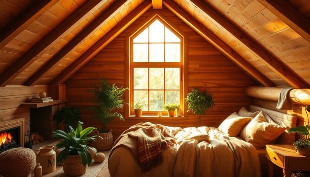 A cozy bedroom with a slanted ceiling, bathed in warm, golden light filtering through a large window. Soft, natural wood accents adorn the space, from the bed frame and nightstands to the exposed beams overhead. Plush, earthy textiles and textures create a calming, inviting atmosphere. Lush, verdant plants add a touch of nature, while a subtle, flickering fireplace in the corner casts a gentle glow. The overall scene exudes a sense of comfort, relaxation, and a connection to the natural world.