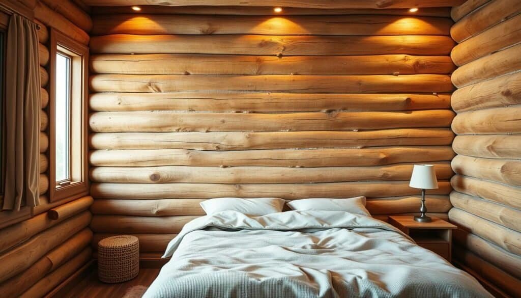 A cozy bedroom with a stunning wooden log wall as the focal point. The rustic texture of the logs creates a warm and inviting atmosphere, complemented by soft lighting that casts gentle shadows. The room is filled with a natural, earthy ambiance, with a neutral color palette that allows the wood's natural beauty to shine. The camera captures the scene from a slightly elevated angle, showcasing the full height of the wooden wall and the harmonious integration with the rest of the bedroom's design. The overall impression is one of tranquility and comfort, a space that invites relaxation and a connection with the natural world.