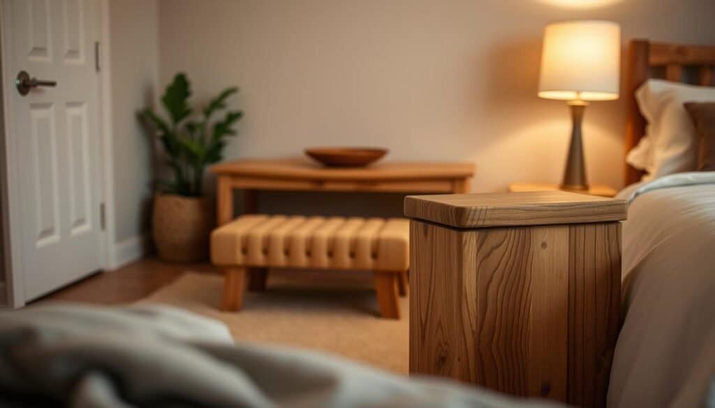A cozy bedroom with a warm, rustic ambiance. In the foreground, a small wooden side table or nightstand with a simple, clean design and a natural grain texture. Soft, indirect lighting from a lamp casts a gentle glow, highlighting the wood's rich tones. In the middle ground, a minimalist wooden bench or ottoman provides additional seating or storage, complementing the main furniture pieces. The background features muted, neutral-toned walls, creating a serene, calming atmosphere. Subtle details like a potted plant or a decorative wooden bowl add depth and character to the scene. The overall composition emphasizes the beauty and functionality of handcrafted wooden accent furniture in a small, intimate bedroom setting.