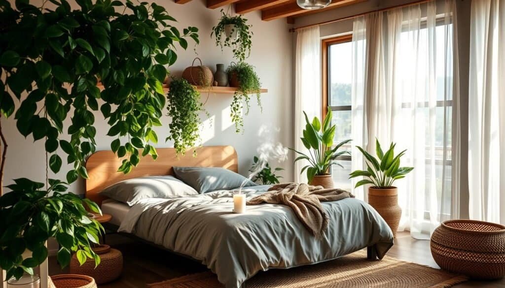 A cozy bedroom with natural elements, sun-drenched through large windows, casting a warm glow. Lush potted plants cascade from floating shelves, their verdant leaves framing the scene. A natural wood headboard complements the smooth, gray bedding. Delicate wisps of smoke curl from a candle on the nightstand, creating a soothing, earthy ambiance. Rattan baskets and a jute area rug ground the space, infusing it with rustic, grounded charm. Soft lighting filters through sheer curtains, enhancing the serene, organic atmosphere. A cozy bedroom with natural elements, sun-drenched through large windows, casting a warm glow. Lush potted plants cascade from floating shelves, their verdant leaves framing the scene. A natural wood headboard complements the smooth, gray bedding. Delicate wisps of smoke curl from a candle on the nightstand, creating a soothing, earthy ambiance. Rattan baskets and a jute area rug ground the space, infusing it with rustic, grounded charm. Soft lighting filters through sheer curtains, enhancing the serene, organic atmosphere.