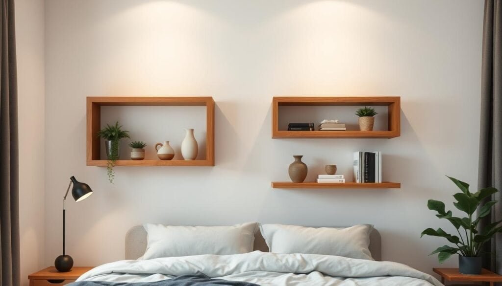 A cozy bedroom with two floating wooden shelves elegantly suspended on the wall, their warm, natural tones complementing the neutral color scheme. The shelves are adorned with carefully curated décor, such as potted plants, ceramics, and a few carefully chosen books, creating a harmonious and inviting atmosphere. Soft, diffused lighting casts a gentle glow, emphasizing the texture and grain of the wood. The camera angle is slightly elevated, capturing the shelves in a balanced, visually appealing composition that showcases their functional beauty and seamless integration into the room's design.