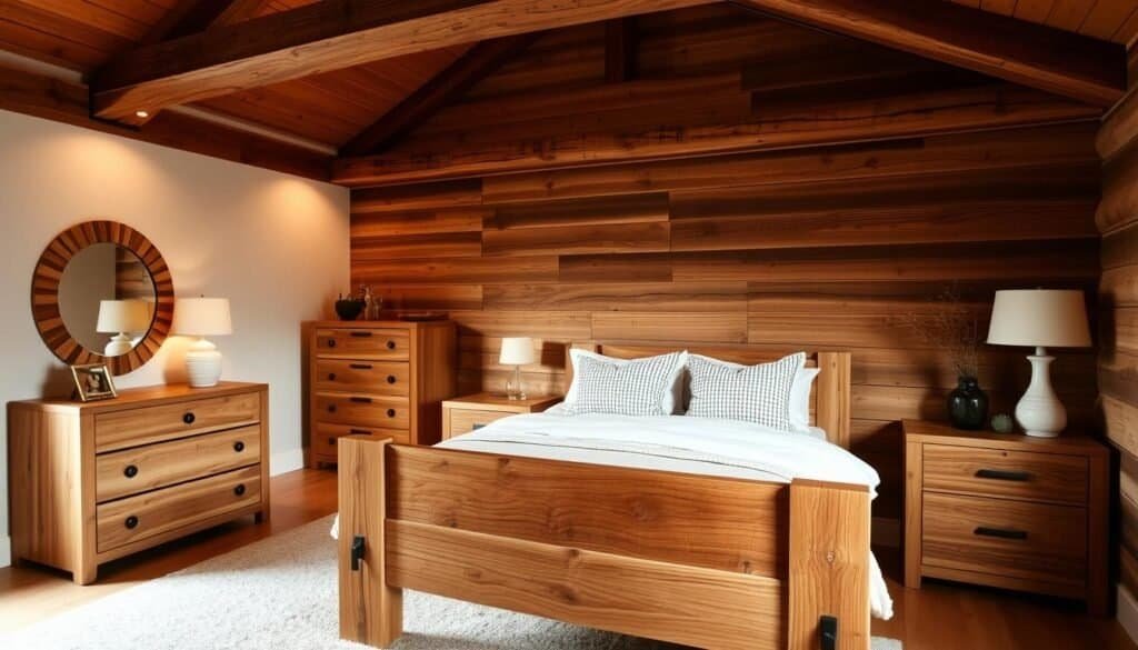 A cozy bedroom with warm, budget-friendly wood accents. Rustic wooden bedside tables flank a minimalist bed frame, their natural grains and knots adding textural interest. A wooden dresser in the corner, its simple design complemented by a decorative wooden mirror. Overhead, a wooden ceiling beam casts soft, ambient lighting across the space. The wood tones blend seamlessly with neutral bedding and decor, creating a harmonious, inviting atmosphere. A cozy bedroom with warm, budget-friendly wood accents. Rustic wooden bedside tables flank a minimalist bed frame, their natural grains and knots adding textural interest. A wooden dresser in the corner, its simple design complemented by a decorative wooden mirror. Overhead, a wooden ceiling beam casts soft, ambient lighting across the space. The wood tones blend seamlessly with neutral bedding and decor, creating a harmonious, inviting atmosphere.