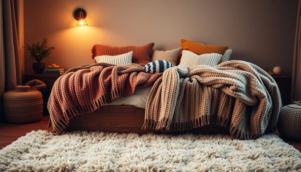 A cozy bedroom with warm, inviting textiles layered throughout. Plush, oversized knitted throws in earthy tones draped casually over a low, wooden bed frame. Piles of coordinating accent pillows in textured fabrics like velvet and boucle. A large, fuzzy rug in soft beige underfoot, its plush fibers visible. Warm, diffused lighting from a single vintage-style sconce casts a golden glow, creating an intimate and serene atmosphere. The overall scene evokes a sense of comfort and relaxation.