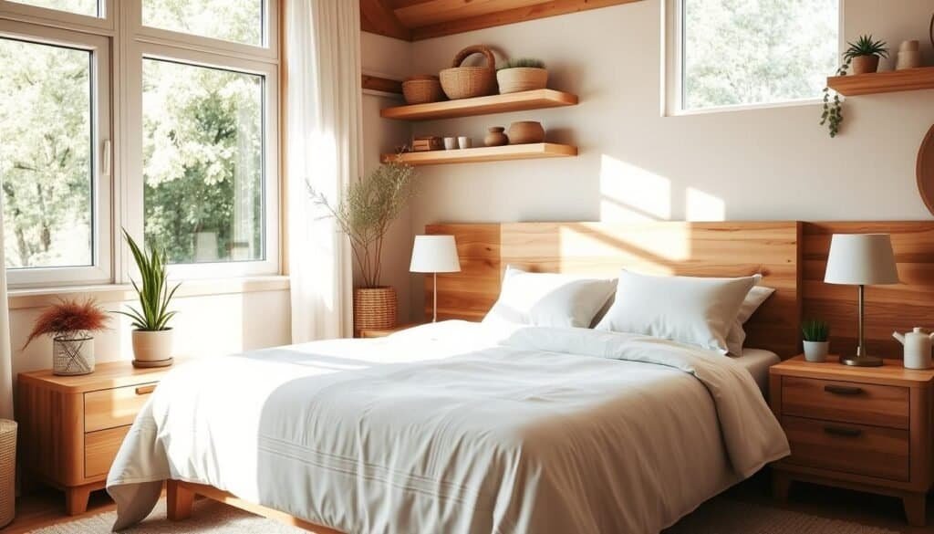 A cozy bedroom with warm, natural wood accents throughout. Sunlight filters in through large windows, casting a soft glow on the smooth, organic textures of the bedframe, nightstands, and shelving. A natural wood plank headboard anchors the space, complemented by wooden side tables with simple, minimalist lamps. Potted plants and natural fiber accents add to the serene, nature-inspired ambiance. The overall scene conveys a sense of tranquility and restoration, with the natural wood tones evoking a calming, restorative effect.