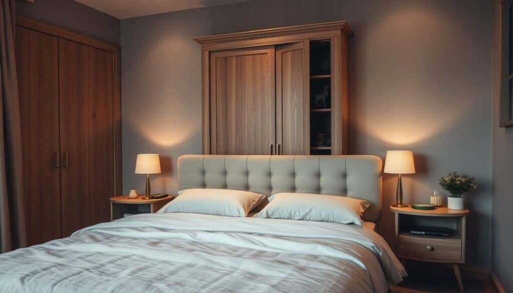 A cozy bedroom with warm, soft wood accents. Muted lighting casts a gentle glow, highlighting the natural grains and textures of the furniture. A plush, inviting bed frame with a tufted headboard sits in the foreground, draped in soft, neutral linens. Delicate wooden side tables flank the bed, topped with simple lamps and natural décor. In the background, a wooden dresser or armoire stands tall, its doors slightly ajar to reveal carefully curated décor pieces. The overall atmosphere is one of tranquility and relaxation, an inviting space to unwind after a long day.