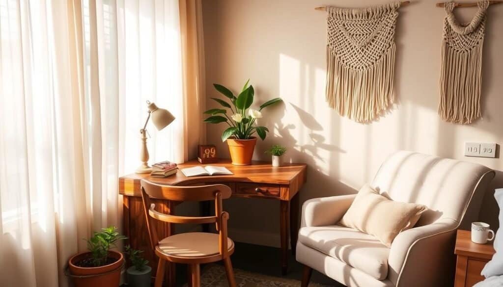 A cozy, budget-friendly DIY bedroom corner with a rustic wooden desk, a plush armchair, and a vibrant potted plant. Soft natural lighting filters through sheer curtains, creating a warm, inviting atmosphere. The polished wood desk features a few personal touches like a vintage lamp and a stack of books. The armchair is upholstered in a neutral tone, complementing the earthy tones of the space. The corner is finished with a macrame wall hanging and a small, simple nightstand, creating a harmonious, relaxing retreat.