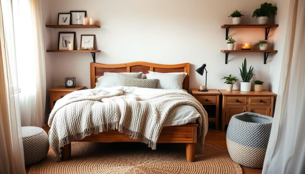 A cozy, budget-friendly bedroom with warm lighting and natural textures. A rustic wooden bed frame and nightstands, complemented by plush bedding in soft, neutral tones. Textured throw pillows and a chunky knit blanket create an inviting, snug atmosphere. Wooden wall shelves display a mix of candles, framed art, and small potted plants, casting a gentle glow. A woven area rug and sheer curtains frame the space, softening the light. The overall effect is a serene, welcoming retreat, perfect for relaxation and rejuvenation.