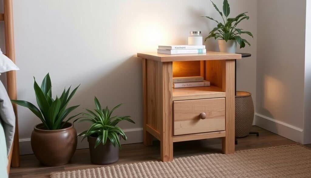 A cozy, budget-friendly wood nightstand from The Sawdust Man, crafted with natural pine and oak. Warm lighting illuminates the clean, minimalist design, casting a soft glow. Delicate textured surfaces, simple drawer pulls, and a spacious top surface for books and décor. The nightstand is placed against a neutral wall, complemented by potted plants and a woven rug, creating a serene, rustic ambiance. A single-drawer design with ample storage space, perfect for small bedrooms. Attention to detail and quality construction ensure a long-lasting, functional piece of furniture.