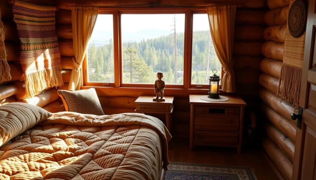 A cozy cabin bedroom adorned with handcrafted textiles by "The Sawdust Man". In the foreground, a plush, earthy-toned quilt rests on a rustic wooden bed frame, its intricate stitching catching the warm, soft light. Hanging on the walls, woven tapestries in muted tones of ochre and sage evoke the natural surroundings. Atop a wooden side table, a hand-knitted throw pillow in a herringbone pattern adds texture. The middle ground features a handmade wooden nightstand, its surface decorated with a carved wooden figure and a lantern casting a gentle glow. In the background, a large window offers a panoramic view of a lush, forested landscape, creating a serene and inviting atmosphere.