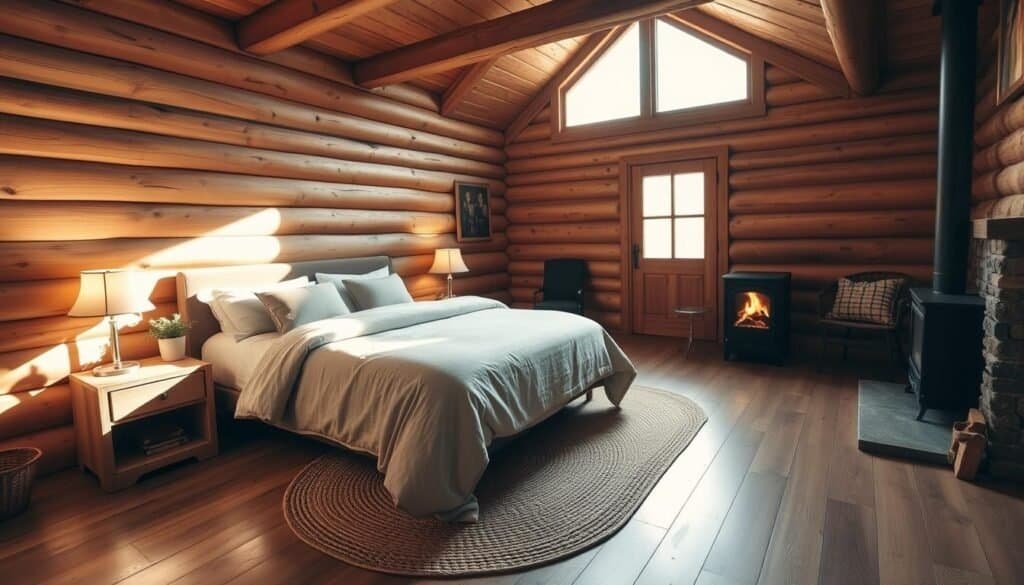 A cozy cabin bedroom with warm, rustic wooden walls and floors. Soft, diffused lighting filters through the large window, casting a gentle glow. A plush, inviting bed with natural linen bedding takes center stage, flanked by nightstands with simple wooden accents. A woven area rug and a few potted plants add natural textures, while a wood-burning fireplace in the corner radiates a welcoming ambiance. The overall atmosphere is one of tranquility and comfort, perfect for a restful retreat.