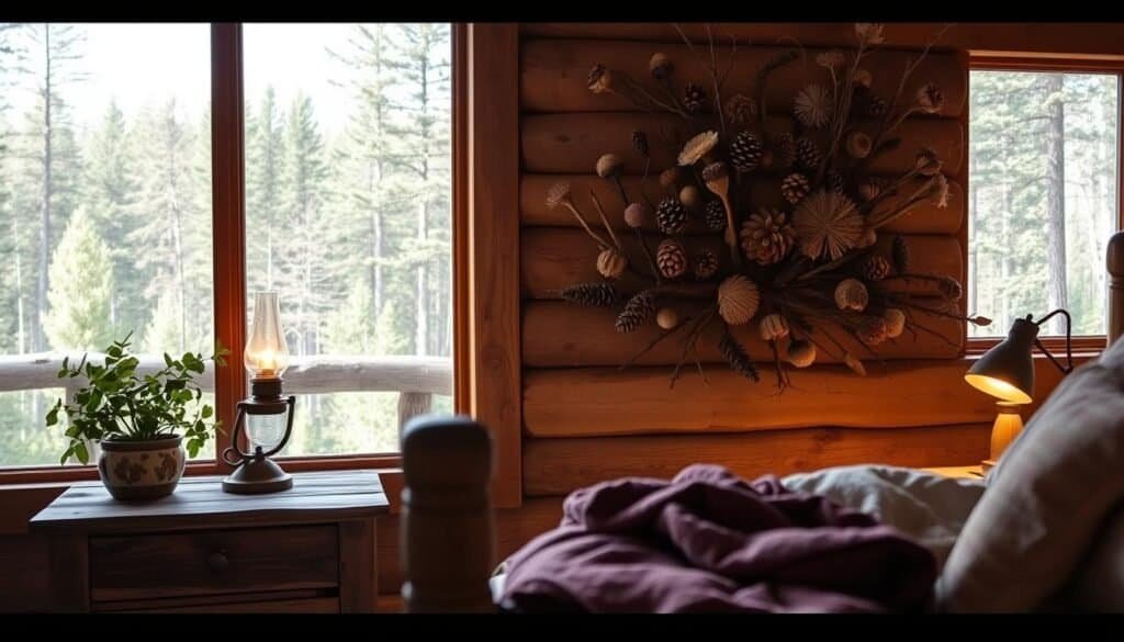 A cozy cabin-inspired bedroom decor showcasing natural elements. In the foreground, a handcrafted wooden side table with a plant and a vintage oil lamp, the warm glow casting a soft light. In the middle ground, a wall display of various branches, pinecones, and dried flowers, artfully arranged by "The Sawdust Man." The background features a large window overlooking a lush, forest landscape, the sunlight filtering through the trees. The overall atmosphere is one of rustic elegance, bringing the beauty of the outdoors inside.