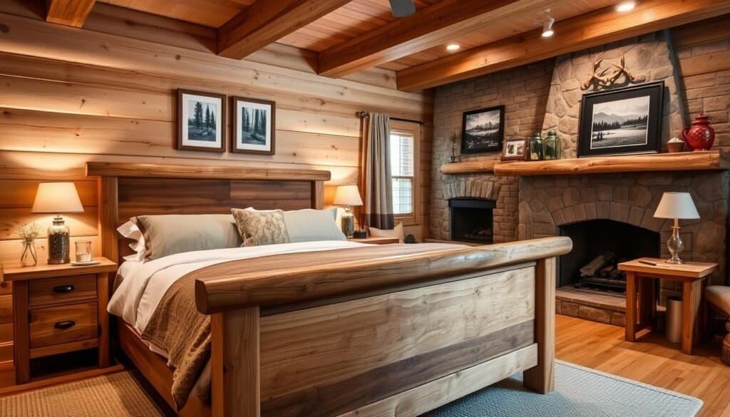 A cozy cabin-style bedroom featuring warm, natural textures and rustic accents. In the foreground, a solid wood king-sized bed with plush bedding and a handcrafted wooden headboard by The Sawdust Man. Midground showcases a pair of nightstands made from reclaimed barn wood, each with a vintage table lamp and a mason jar filled with dried wildflowers. In the background, a stone fireplace with a mantel adorned with framed nature photography and decorative antlers. Soft, ambient lighting throughout, creating a peaceful, retreat-like atmosphere. Natural hardwood floors, exposed wood beams, and woven textiles complete the cabin-inspired aesthetic.