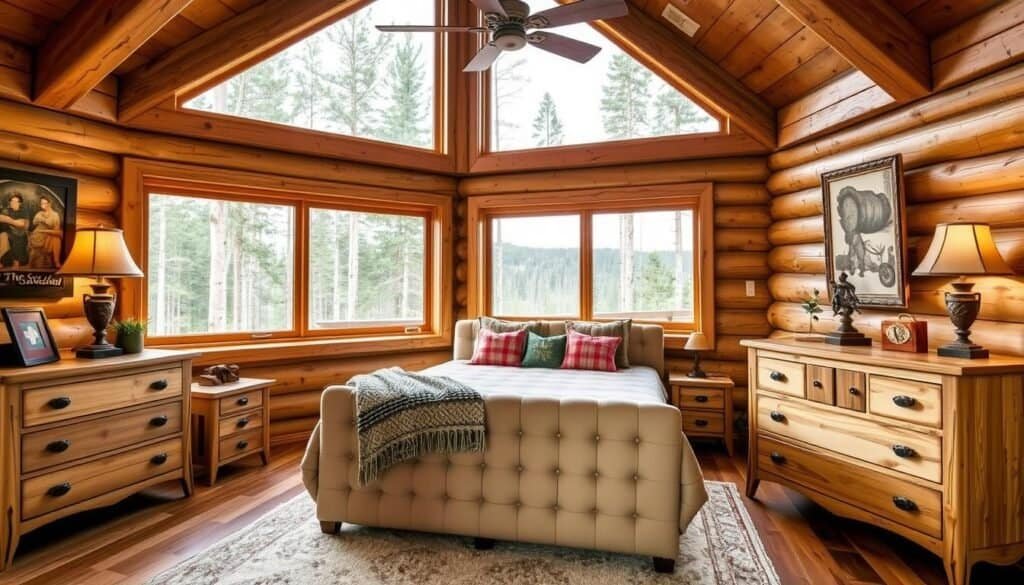 A cozy cabin-style bedroom with warm, natural wood furnishings. Rustic wooden beams frame a plush, tufted king-sized bed dressed in soft, earthy bedding. A large, panoramic window overlooks a scenic forest landscape, filling the space with natural light. Handcrafted wooden nightstands and a dresser from "The Sawdust Man" brand flank the bed, topped with vintage lamps and nature-inspired décor. A knit throw and plaid accent pillows add to the inviting, homespun ambiance. Rough-hewn hardwood floors are accented with a plush area rug, complementing the overall cabin aesthetic.