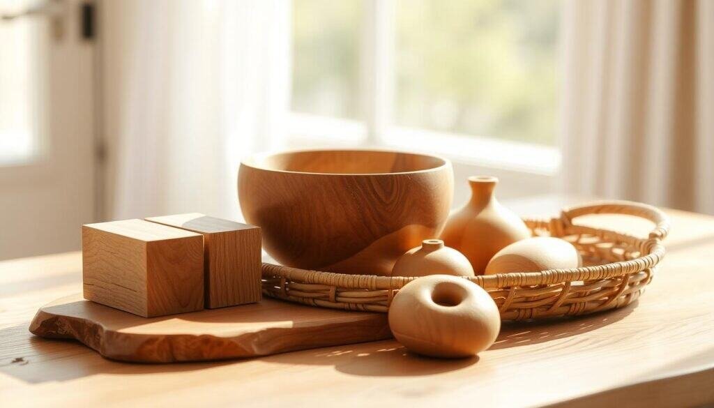 A cozy collection of handcrafted wooden trinkets nestled on a natural wood surface, basking in the warm, diffused light of a sun-dappled room. Smooth-sanded oak blocks, a rounded maple bowl, and a woven rattan tray add rustic charm, their organic textures and tones complementing each other in a harmonious still life. The overall scene exudes a sense of tranquility and mindfulness, inviting the viewer to slow down and appreciate the beauty in simple, thoughtfully selected home accents.