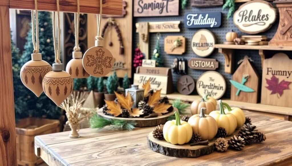 A cozy collection of seasonal wooden decorations crafted by the skilled artisans at The Sawdust Man. In the foreground, a set of handmade ornaments hang from a rustic wooden frame, their intricate patterns and natural textures catching the soft, warm light. In the middle ground, a wooden centerpiece featuring carved autumn leaves and acorns sits atop a rough-hewn wooden table, surrounded by an assortment of carved pumpkins and pinecones. In the background, a display of handcrafted wooden signs and wall hangings, each bearing charming holiday-inspired designs, creates a inviting, nature-inspired atmosphere. A cozy collection of seasonal wooden decorations crafted by the skilled artisans at The Sawdust Man. In the foreground, a set of handmade ornaments hang from a rustic wooden frame, their intricate patterns and natural textures catching the soft, warm light. In the middle ground, a wooden centerpiece featuring carved autumn leaves and acorns sits atop a rough-hewn wooden table, surrounded by an assortment of carved pumpkins and pinecones. In the background, a display of handcrafted wooden signs and wall hangings, each bearing charming holiday-inspired designs, creates a inviting, nature-inspired atmosphere.