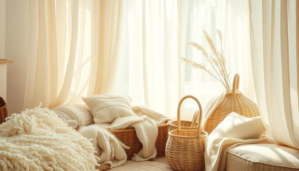 A cozy corner filled with soft, natural fibers. Delicate strands of ivory wool and beige linen drape gracefully, inviting you to nestle in their warmth. Diffused sunlight filters through sheer curtains, casting a gentle glow upon the plush, textured surfaces. Woven baskets and unfinished wood accents add organic touches, creating a serene, calming atmosphere. Bask in the comforting embrace of these natural materials, as if wrapped in a soothing cocoon.