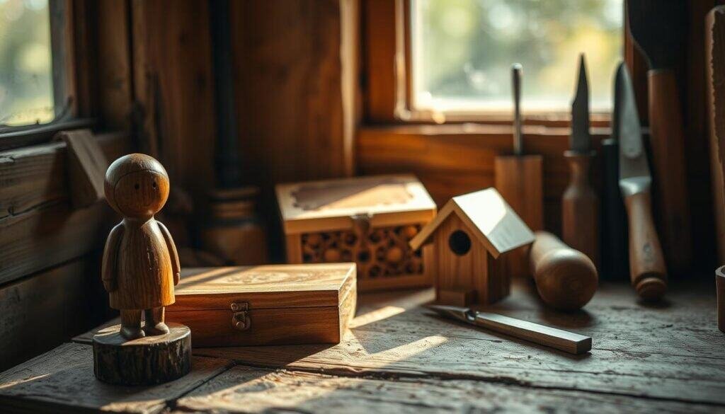 A cozy corner of a rustic workshop, sunlight filtering through a window, illuminating a collection of small, intricate wooden pieces. In the foreground, a delicate wooden figurine, its smooth surface meticulously carved, stands proudly. Nearby, a wooden box with intricate designs adorns the scene, its polished finish gleaming. In the middle ground, a wooden birdhouse with a charming peaked roof, its natural grain visible, adds a touch of whimsy. In the background, various woodworking tools - a chisel, a small handsaw, and a set of files - are neatly arranged, hinting at the skill and craftsmanship required to create these captivating miniatures. The overall atmosphere is one of tranquility, inviting the viewer to appreciate the beauty and simplicity of these tiny wooden decorative pieces.