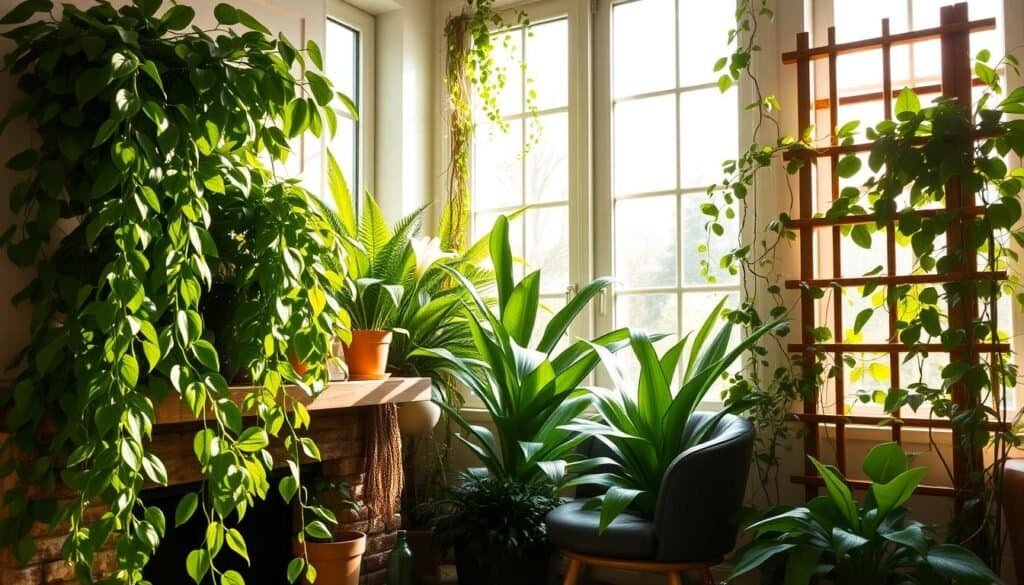 A cozy corner of a sun-dappled living room, filled with a lush assortment of thriving indoor plants. Verdant, cascading pothos vines spill over the edge of a rustic wooden shelf, complemented by the soft, feathery fronds of a graceful fern. Delicate peace lilies stand tall, their pristine white blooms contrasting with the deep green leaves. Trailing tendrils of a climbing philodendron wind their way up a natural wood trellis, casting gentle shadows across the scene. The warm, ambient light filtering through large windows bathes the space in a gentle, golden glow, creating a serene and rejuvenating atmosphere. This sanctuary of greenery breathes life and tranquility into the heart of the home.