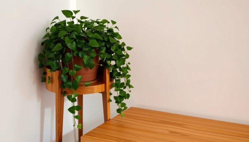 A cozy corner stand adorned with a lush, thriving potted plant, its verdant leaves cascading gracefully. The stand is crafted from warm, richly-grained wood, its natural beauty accentuated by soft, diffused lighting that casts a gentle glow. The scene exudes a sense of tranquility and harmony, inviting the viewer to pause and appreciate the interplay between the organic textures of the plant and the refined, handcrafted wooden surface. The composition is balanced and visually appealing, creating a welcoming and inviting atmosphere.