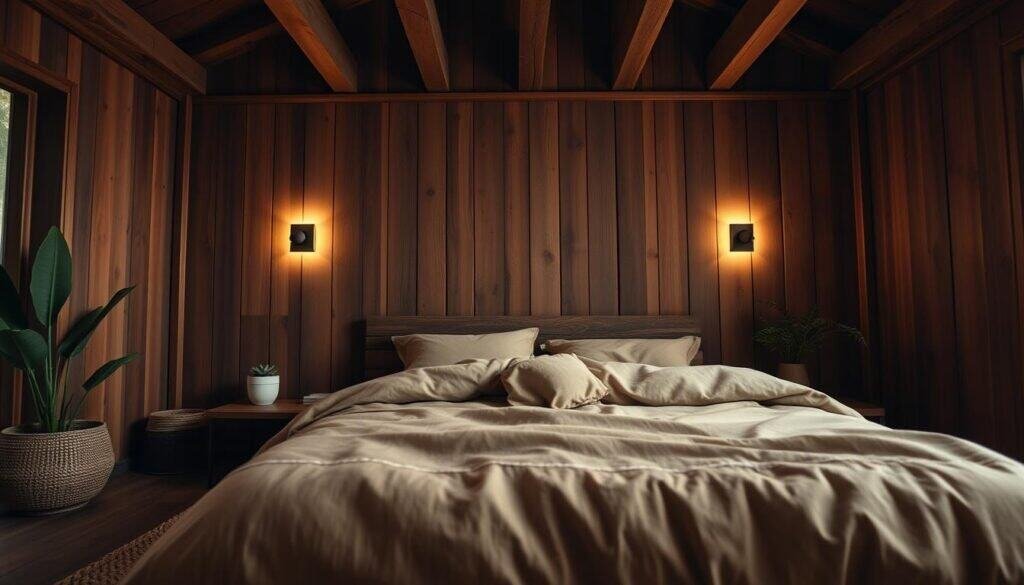 A cozy dark wooden bedroom with natural textures and soft lighting. Warm-toned wooden beams and panels form the serene backdrop, complemented by a plush bedding set in earthy hues. Ambient lighting from a pair of minimalist wall sconces casts a gentle glow, creating an inviting and rejuvenating atmosphere. Potted plants and a woven area rug add organic elements, blending the space with nature. The camera angle is from a low perspective, emphasizing the calming and enveloping feel of the room. Overall, the image conveys a sense of tranquility and reprieve from the day's stresses.