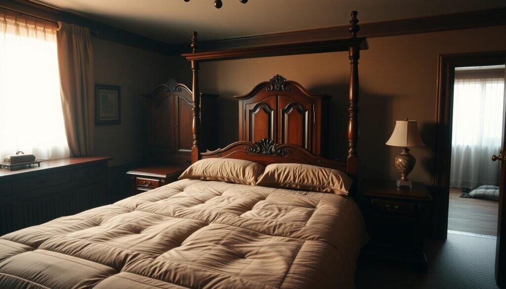 A cozy, dimly lit bedroom with elegant dark wood furniture. A large, four-poster bed with a thick, plush comforter dominates the foreground, flanked by matching nightstands with intricate carvings. In the middle ground, an armoire and dresser in the same rich mahogany tone create a harmonious visual flow. Soft, golden light filters in through sheer curtains, casting a warm glow on the weathered wood surfaces. The background is hazy, suggesting a tranquil, private atmosphere. Captured with a wide-angle lens to emphasize the depth and scale of the scene.