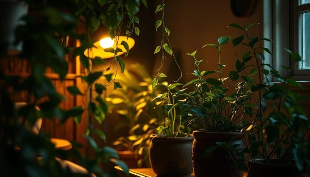 A cozy, dimly lit interior with lush, verdant plants thriving in the humid atmosphere. Delicate leaves and trailing vines cast soft shadows, creating a serene and inviting ambiance. Warm, diffused lighting from a nearby floor lamp illuminates the scene, casting a golden glow. The plants are potted in rustic, earthy ceramics, blending seamlessly with the natural wood tones of the surrounding furniture. The composition emphasizes the tranquil, low-maintenance nature of these resilient, low-light-loving species, perfect for brightening up dark corners of any home.