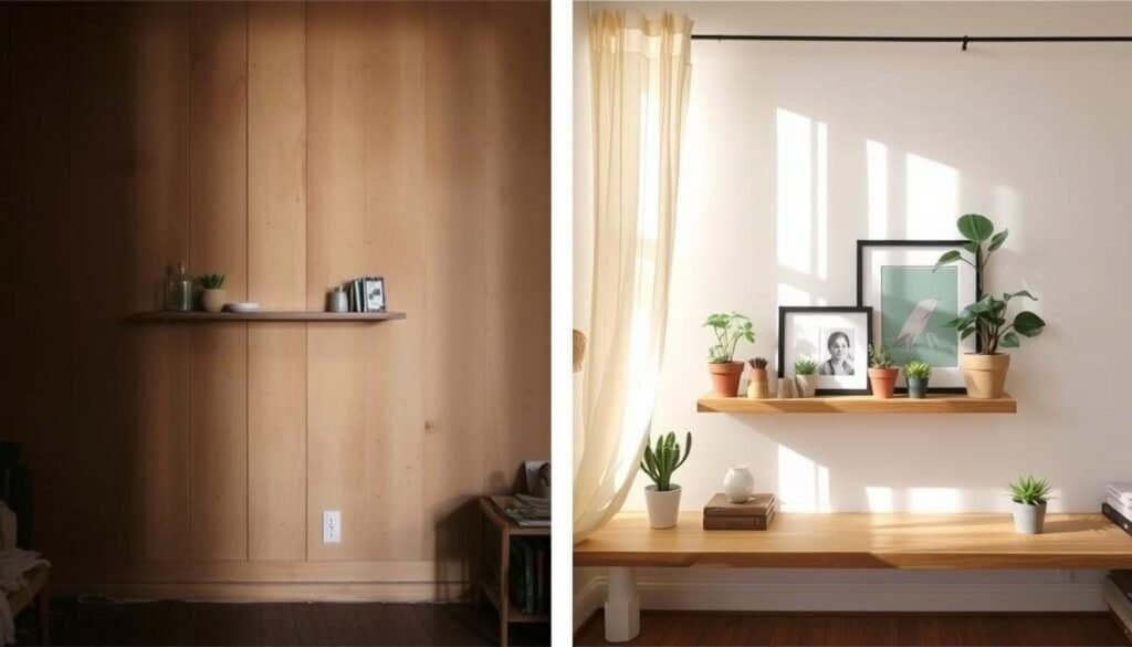 A cozy, dimly lit room featuring a worn wooden wall with a simple floating ledge. The ledge is sparse, holding a few decorative objects. In the "after" image, the room is transformed with the same floating ledge now displaying an artful arrangement of potted plants, framed artwork, and other curated items. Soft, natural lighting filters through sheer curtains, creating a warm, inviting atmosphere. The room's overall aesthetic has shifted from bare to beautifully styled, showcasing the versatility and impact of the floating wood ledge.