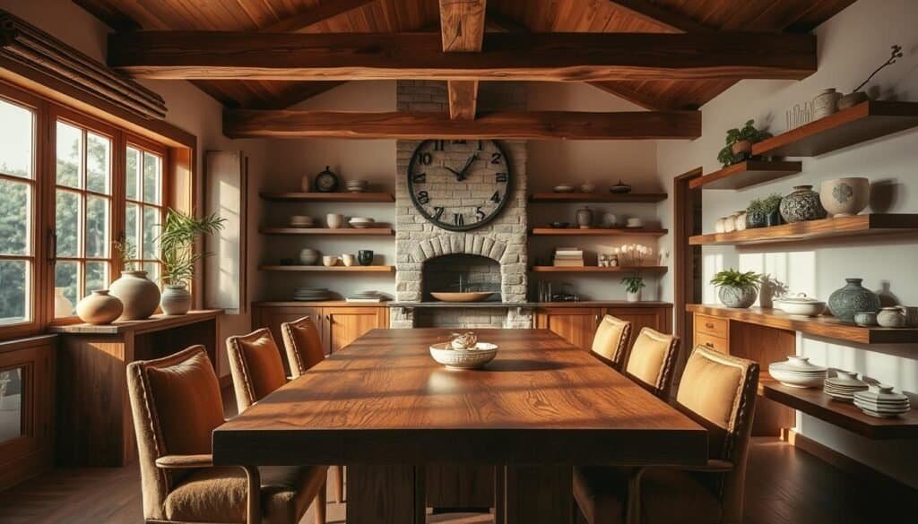 A cozy dining room bathed in warm, soft lighting. Richly grained wooden table and chairs, their natural tones complemented by plush upholstery in earthy hues. Floating wood shelves display an artful arrangement of ceramics, greenery, and decorative elements. Wooden beams traverse the ceiling, casting gentle shadows. Large windows allow natural light to filter in, illuminating the room's rustic, inviting ambiance. The overall scene conveys a sense of refined, comfortable elegance.