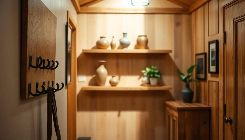 A cozy entryway adorned with warm, natural wood elements. In the foreground, a wooden wall-mounted coat rack with intricate grain patterns and sleek hooks for hanging outerwear. Centered in the middle ground, a floating wooden shelf showcases decorative vases and potted plants, casting soft shadows. In the background, a wooden storage cabinet or bench provides additional storage and a welcoming seating area. Gentle, ambient lighting illuminates the space, highlighting the rich tones and textures of the wood. The overall scene exudes a sense of rustic elegance and functionality, inviting visitors to linger and feel at home.
