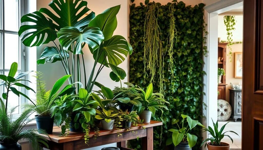 A cozy entryway showcasing a lush arrangement of potted plants, creating a warm and welcoming atmosphere. In the foreground, a mix of vibrant foliage, including ferns, philodendrons, and succulents, adorns a rustic wooden console table. The middle ground features a tall, sculptural monstera plant, its large, tropical leaves casting gentle shadows. In the background, a vertical garden of ivy and trailing vines cascades down the wall, complementing the natural textures and earthy tones. Soft, diffused lighting from a nearby window highlights the rich green hues and creates a serene, inviting ambiance, perfect for drawing the eye and lifting the spirits as one enters the home.