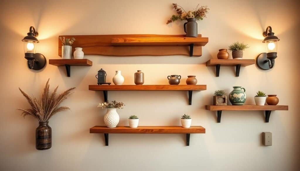 A cozy farmhouse-style wall display featuring handcrafted wooden shelves and decorative accents. Warm lighting from sconces casts a soft glow, highlighting the natural wood grain and rustic textures. Decorative ceramic pots, dried floral arrangements, and small potted succulents adorn the shelves, creating a balanced, functional display. The overall composition has a harmonious, inviting feel, seamlessly blending form and function for a beautiful, livable home accent.