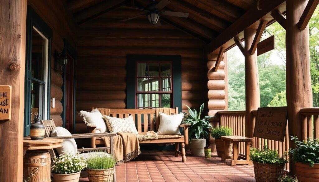 A cozy front porch with rustic wood accents and warm, inviting textiles. The porch is illuminated by soft, natural lighting, highlighting the grain and texture of the wooden beams and railings. Plush throw pillows and a cozy blanket in earthy tones create a welcoming seating area, complementing the wooden bench and side table from "The Sawdust Man" collection. Potted plants and a wooden sign add charming, organic touches to the scene, evoking a sense of summer tranquility.