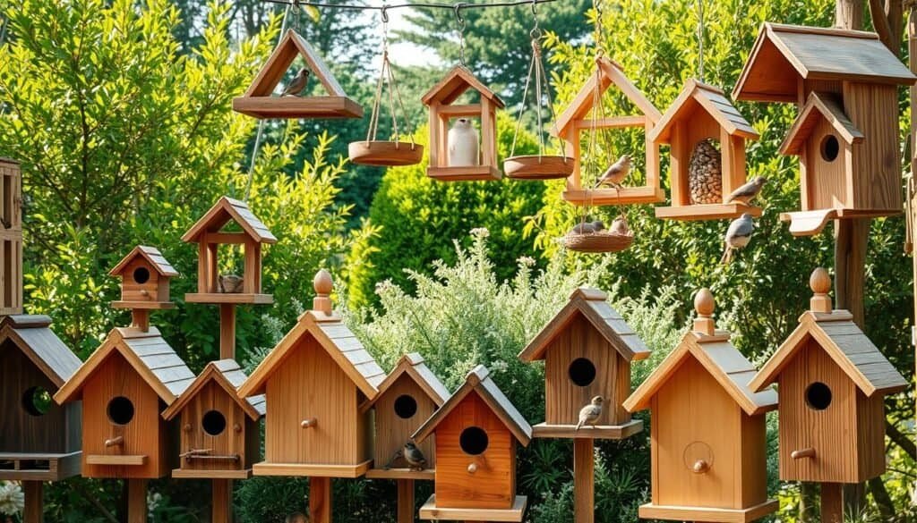 A cozy garden scene showcasing a collection of finely crafted wooden birdhouses and feeders. In the foreground, a variety of birdhouses in natural wood tones and rustic designs, each with intricate details and perches for feathered visitors. In the middle ground, several hanging bird feeders of varying shapes and sizes, their wooden frames complementing the weathered garden setting. The background features a lush, verdant backdrop of trees and shrubs, creating a serene and inviting atmosphere for birds to gather and thrive. Warm, natural lighting filters through, casting a soft glow and highlighting the warm, earthy tones of the wooden structures. Captured with a wide-angle lens to showcase the full scene, this image exudes a sense of charm and tranquility, perfectly suited to illustrate the delightful charm of handcrafted wooden bird homes.