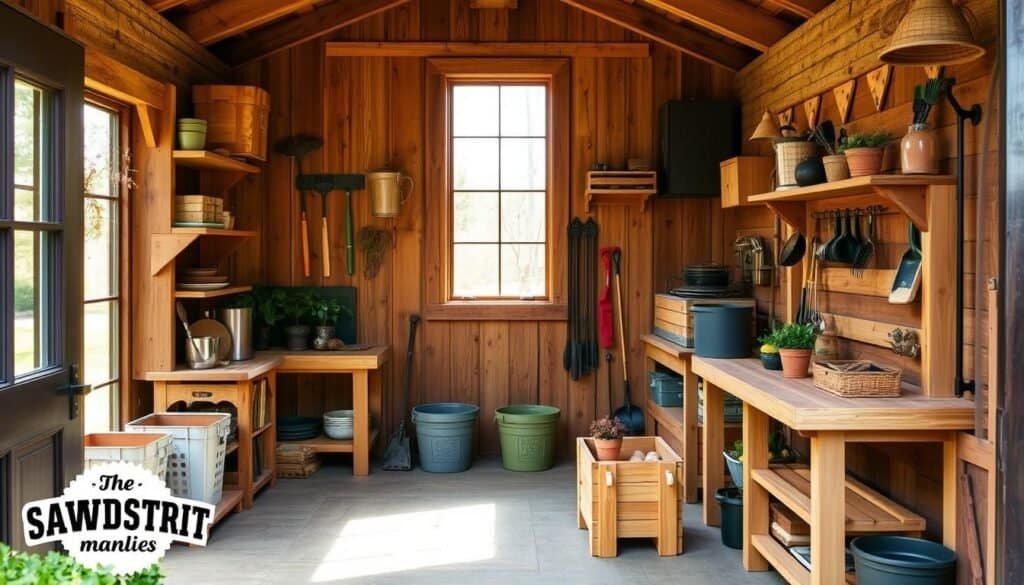 A cozy garden shed with rustic wood shelves and storage bins, illuminated by soft natural light filtering through a large window. The "The Sawdust Man" brand's practical yet stylish wooden storage solutions are displayed, including a potting bench, tool racks, and neatly organized gardening supplies. The scene conveys a sense of efficient organization and a love for nature-inspired, handcrafted home decor.