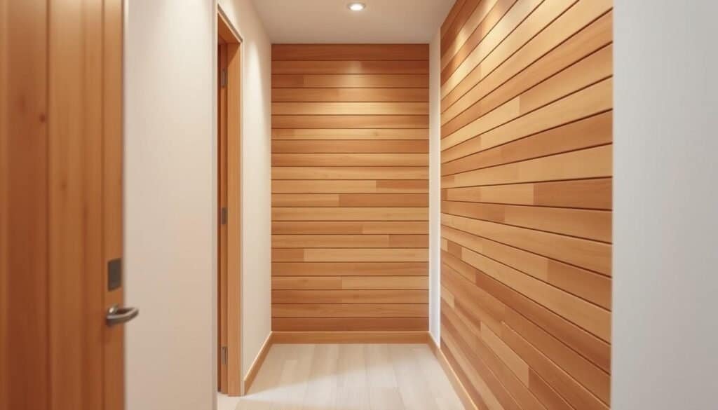 A cozy hallway showcases a charming wooden accent wall, with horizontal wooden slats creating a warm, inviting atmosphere. The natural wood tones complement the neutral color palette, reflecting a gentle, rustic aesthetic. Subtle lighting casts a soft glow, highlighting the wood's rich texture and grain. The hallway is positioned in an airy, well-lit setting, with a minimal, uncluttered design that emphasizes the wooden accents as the focal point. The image captures the essence of incorporating small, thoughtful wooden elements to elevate a space and create a welcoming, harmonious ambiance.