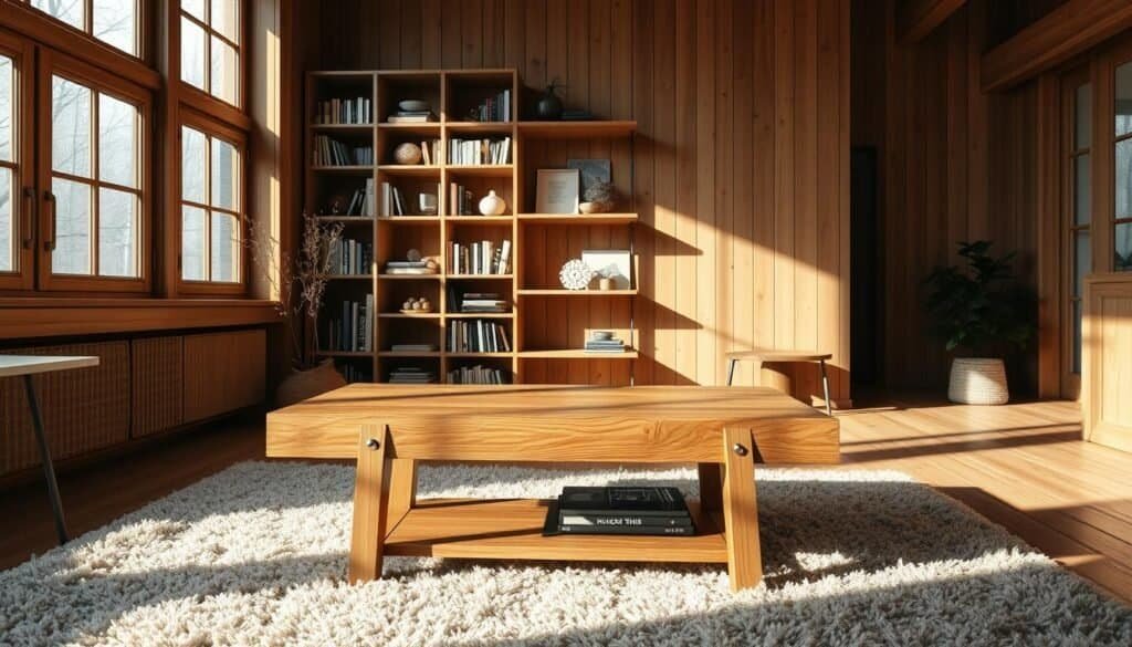 A cozy home interior with an emphasis on warm, natural wood elements. In the foreground, a wooden coffee table with a modern, minimalist design stands atop a plush area rug. In the middle ground, a wooden bookshelf filled with books and decorative accents is positioned against a wall, casting gentle shadows. The background features large windows that allow natural light to flood the space, highlighting the rich wood tones. The overall atmosphere is one of comfort, tranquility, and a connection to the natural world.