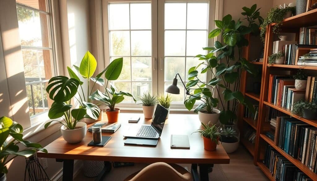 A cozy home office nook, bathed in warm, natural light streaming through large windows. A wooden desk topped with a sleek laptop and various productivity tools, surrounded by lush, verdant potted plants - a monstera, a peace lily, and a succulent-filled terrarium. Bookshelves line the walls, their shelves adorned with more thriving greenery, creating a harmonious, serene atmosphere. The overall aesthetic is minimalist yet inviting, with the plants adding a touch of organic vitality to the space. A wide-angle lens captures the scene, showcasing the perfect balance of functionality and biophilic design.