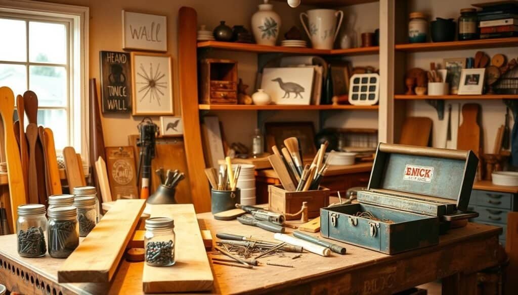 A cozy home workshop filled with an assortment of DIY tools and materials. Wooden planks, jars of nails and screws, paint brushes, and a vintage toolbox sit on a sturdy workbench. Warm, ambient lighting casts a soft glow, creating an inviting atmosphere. In the background, shelves display various finished home decor projects like rustic wall art, floating shelves, and repurposed furniture pieces. The scene exudes a sense of creativity, practicality, and budget-friendly ingenuity. A cozy home workshop filled with an assortment of DIY tools and materials. Wooden planks, jars of nails and screws, paint brushes, and a vintage toolbox sit on a sturdy workbench. Warm, ambient lighting casts a soft glow, creating an inviting atmosphere. In the background, shelves display various finished home decor projects like rustic wall art, floating shelves, and repurposed furniture pieces. The scene exudes a sense of creativity, practicality, and budget-friendly ingenuity.