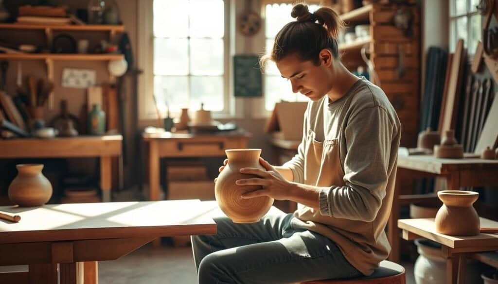 A cozy home workshop filled with natural light, wooden workbenches, and an array of tools. A person sits focused, meticulously crafting a handmade wooden vase. Soft shadows play across the grain of the wood as they carefully shape and sand it. The air is calm and serene, with a sense of tranquility and mindfulness. The warm tones of the wood and the gentle hues of the room create a soothing, therapeutic atmosphere. A feeling of immersive creativity and the satisfaction of creating something beautiful with one's own hands permeates the scene.