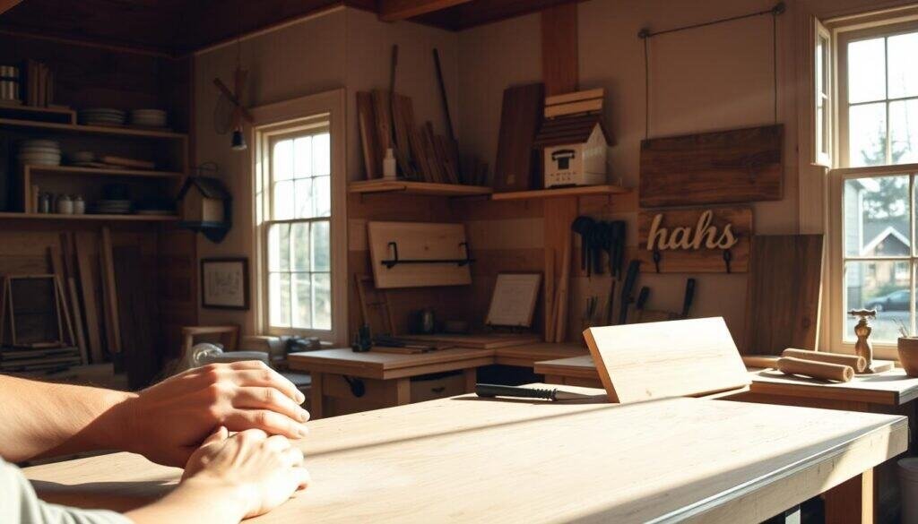 A cozy home workshop filled with natural wooden textures and DIY tools. Sunlight streams through large windows, casting a warm glow on a collection of simple yet charming handmade projects - a rustic birdhouse, a sleek floating shelf, and an artfully stained wooden sign. In the foreground, hands carefully sand a smooth surface, while in the background, a neatly organized workbench showcases the results of a productive day of crafting. This scene evokes a sense of calm creativity and the satisfaction of personal accomplishment through approachable DIY endeavors.