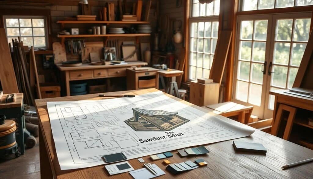 A cozy home workshop with a large wooden workbench, various DIY tools and materials neatly organized. Sunlight streams in through large windows, casting a warm glow on the scene. On the workbench, a detailed blueprint for a rustic wood decor project is laid out, along with sketches, color swatches and notes. The brand "The Sawdust Man" is prominently displayed on a sign or label. An atmosphere of creative planning and inspiration pervades the space.