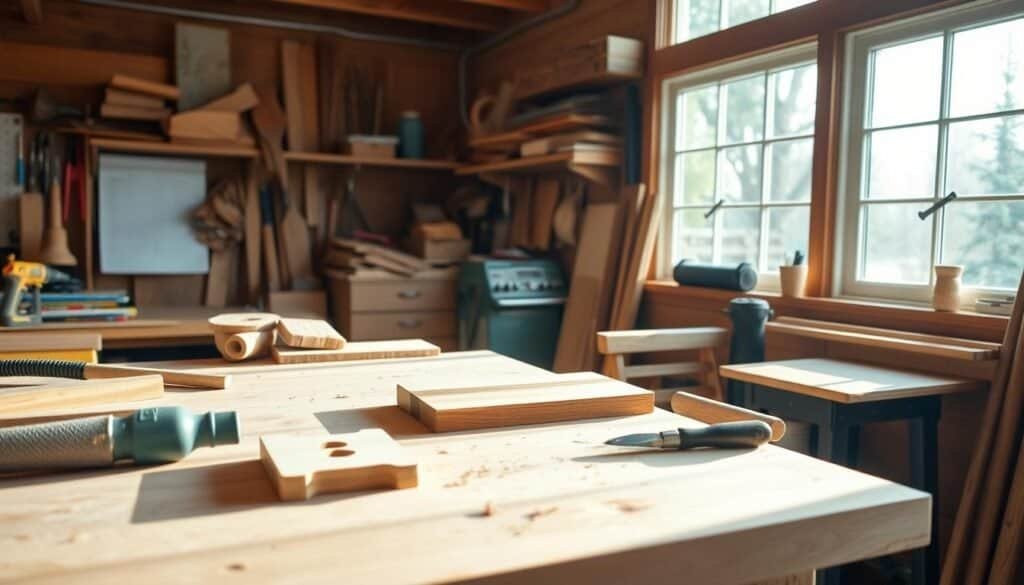 A cozy home workshop with natural light streaming in through large windows, showcasing a neatly organized workbench with an assortment of beginner-friendly woodworking tools and materials. Warm-toned hardwood offcuts and a simple hand-sanded project piece sit atop the bench, inviting the viewer to imagine the soothing act of crafting something by hand. The scene exudes a sense of tranquility and focus, capturing the therapeutic essence of working with wood.