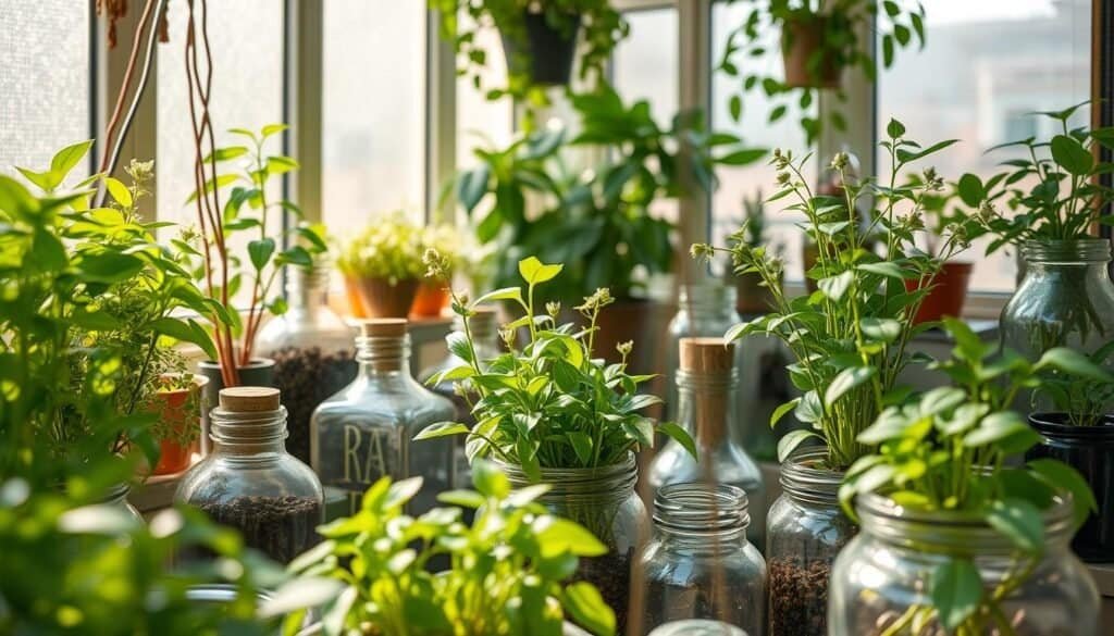 A cozy indoor greenhouse with lush, verdant plants thriving in an assortment of glass containers of various shapes and sizes, arranged in a visually appealing, harmonious composition. Soft, natural lighting filters through the containers, creating a warm, inviting ambiance. The plants are vibrant and healthy, with delicate leaves and stems, conveying a sense of tranquility and rejuvenation. The overall scene exudes a calming, homey atmosphere, perfect for bringing life and a touch of nature into any living space.