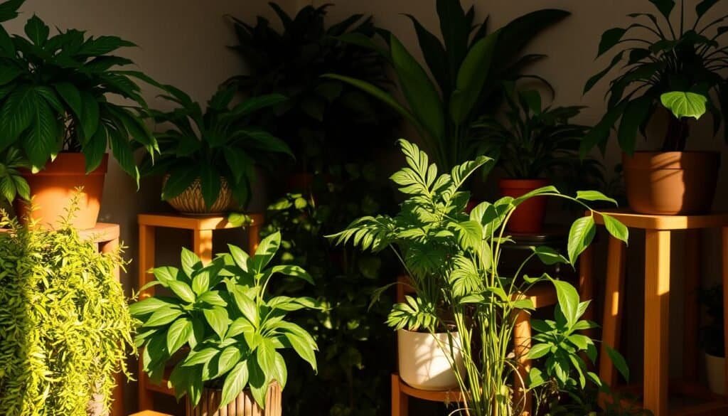 A cozy indoor scene with a variety of lush, thriving potted plants arranged in a harmonious display. Soft, warm lighting illuminates the verdant foliage, casting gentle shadows that create a calming, meditative atmosphere. The plants are positioned on natural wooden shelves or stands, complementing the earthy, organic feel. The camera angle captures the plants at eye level, inviting the viewer to appreciate the intricate details and textures of the leaves and stems. An overall sense of balance, tranquility, and a connection to nature permeates the scene.