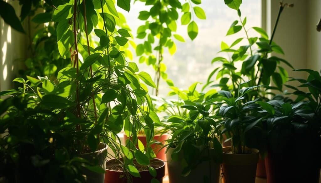 A cozy indoor scene with lush, verdant foliage illuminated by soft, diffused lighting. Potted plants of various sizes and shapes, their leaves gently cascading, create a tranquil, serene atmosphere. The lighting, a warm, ambient glow, filters through the greenery, casting subtle shadows and highlights that accentuate the natural textures and forms. The overall mood is one of lightness, airiness, and a sense of calming, natural harmony, inviting the viewer to pause and immerse themselves in the peaceful, rejuvenating presence of these thriving, low-light houseplants.